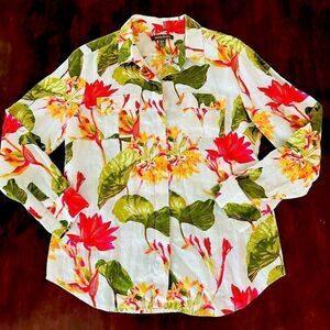 Tommy Bahama long sleeve, linen blouse in tropical print.